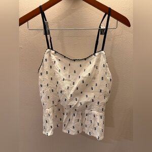 B.O.G Collective White Blue Ikat Peplum Camisole Top with Tassel Back Small